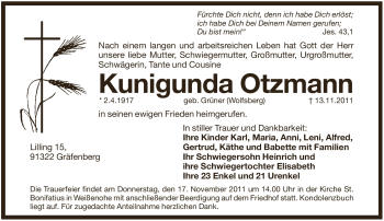 Traueranzeige von Kunigunda Otzmann von Pegnitz-Zeitung